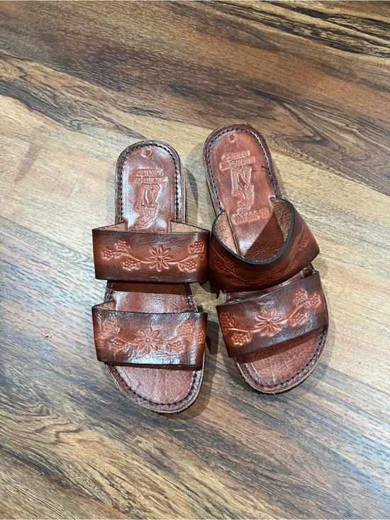 Other - Brown Tooled Leather Slide Sandals Size 4 EUC worn once